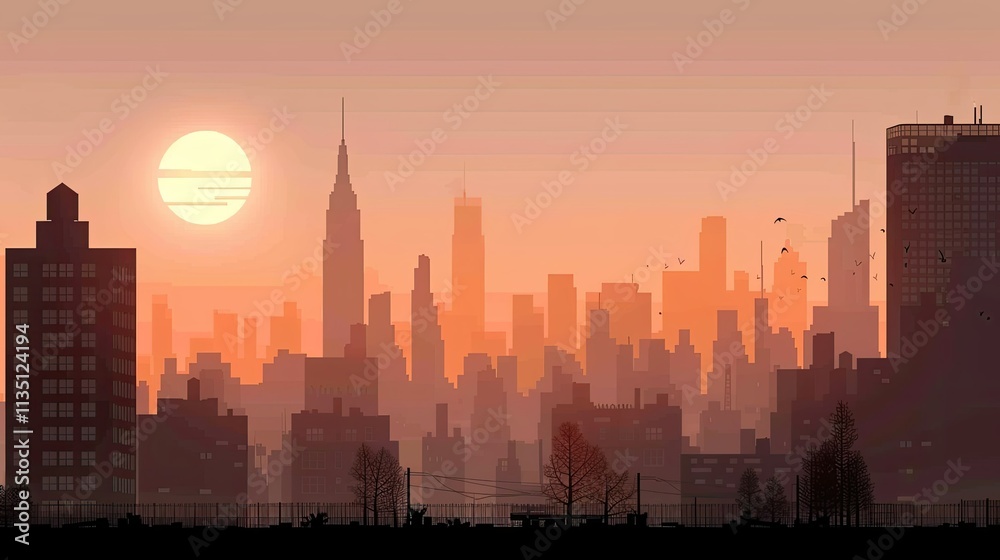 Sunset Over a City Skyline in Silhouette, Capturing the Beauty of Urban Life and Nature in a Layered Illustration with Warm Colors and Distinct Structures Sunset Over a City Skyline in Silhouette, Capturing the Beauty of Urban Life and Nature in a Layered Illustration with Warm Colors and Distinct Structures