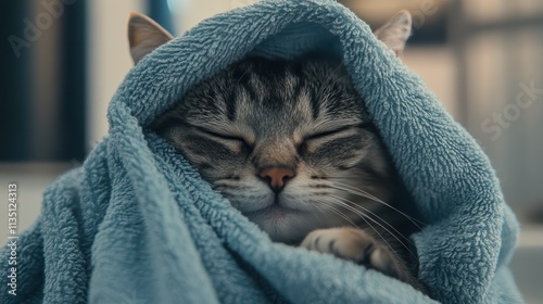Cat being restrained in a towel and facemask