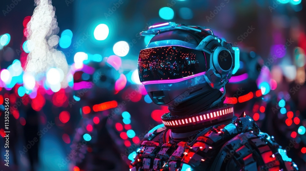 A futuristic scene featuring glowing robots with vibrant LED lights, set against a colorful backdrop, suggesting technology and creativity. A futuristic scene featuring glowing robots with vibrant LED lights, set against a colorful backdrop, suggesting technology and creativity.