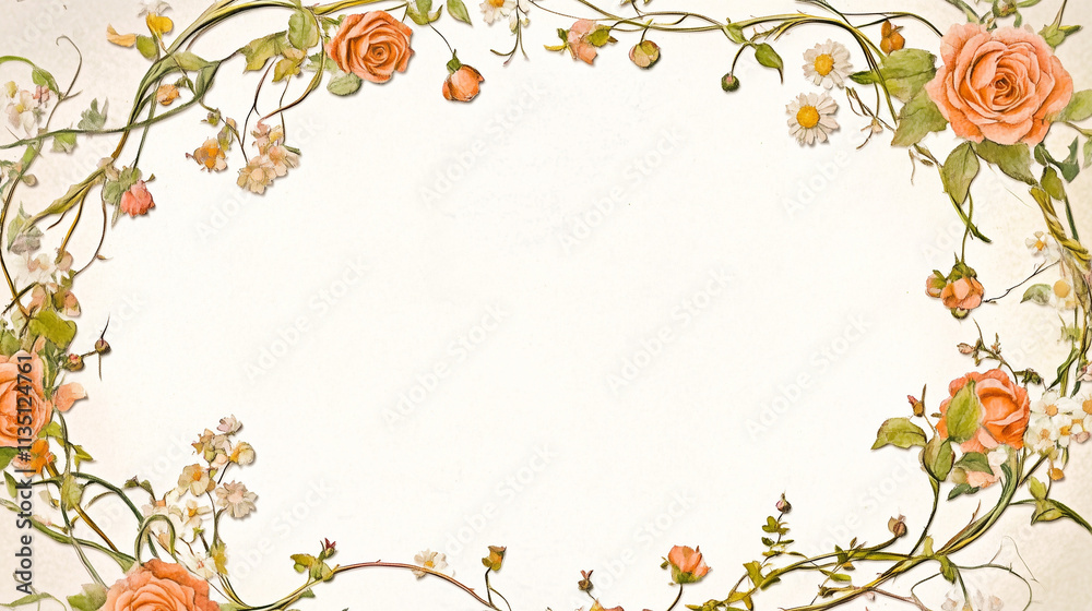 Floral border with orange roses and daisies on vintage background Floral border with orange roses and daisies on vintage background