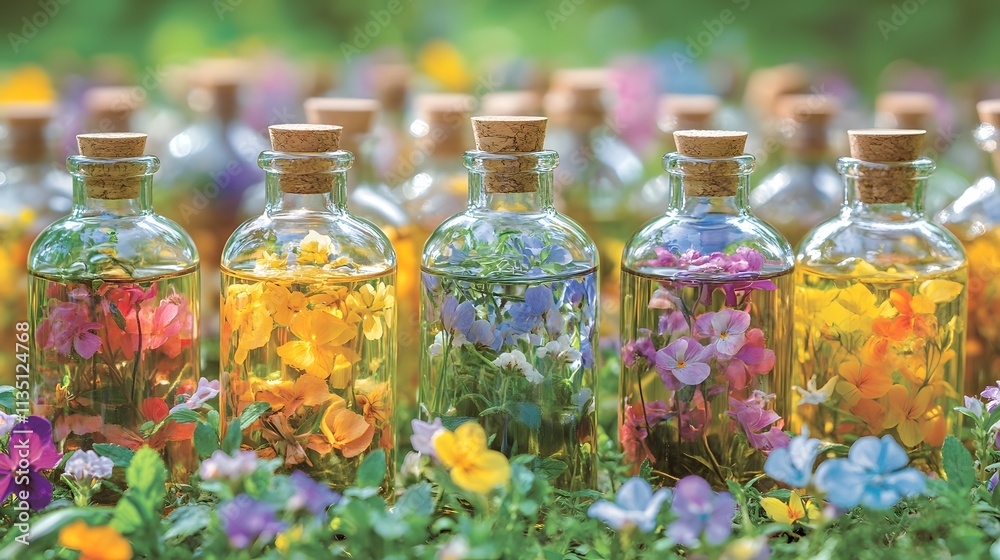 Essential oils for skin are beautifully displayed in clear jars, surrounded by vibrant flowers. The cheerful colors evoke a sense of tranquility and rejuvenation. Essential oils for skin are beautifully displayed in clear jars, surrounded by vibrant flowers. The cheerful colors evoke a sense of tranquility and rejuvenation.