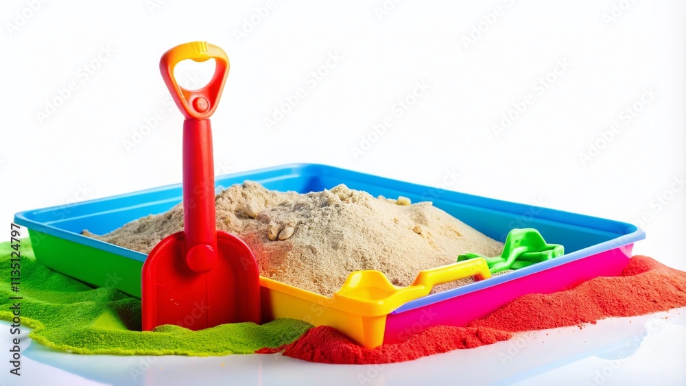 Sandbox with Shovel on White Background - Playful Children's Toy Imagery for Creative Projects and Designs Sandbox with Shovel on White Background - Playful Children's Toy Imagery for Creative Projects and Designs