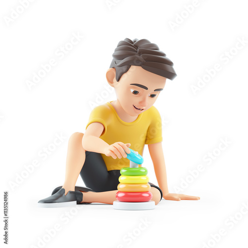 3d boy playing with ring stacker toy