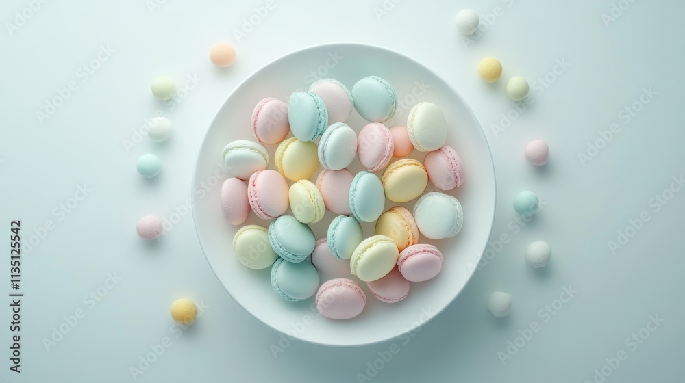 Colorful macarons in a white plate, surrounded by pastel-colored candies on a light blue background. Colorful macarons in a white plate, surrounded by pastel-colored candies on a light blue background.