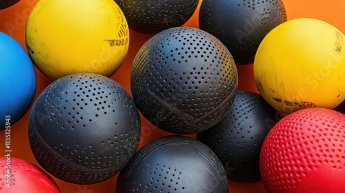 Colorful perforated balls in a pile on an orange background. photo