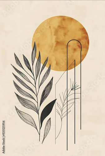 A modern minimalist artwork with clean lines and geometric shapes in earthy tones incorporating an abstract leaf design and the golden sun creating a harmonious blen photo