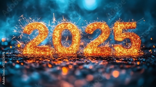 Vibrant glowing 2025 colorful sparkler text illuminating dark blue background happy new year theme