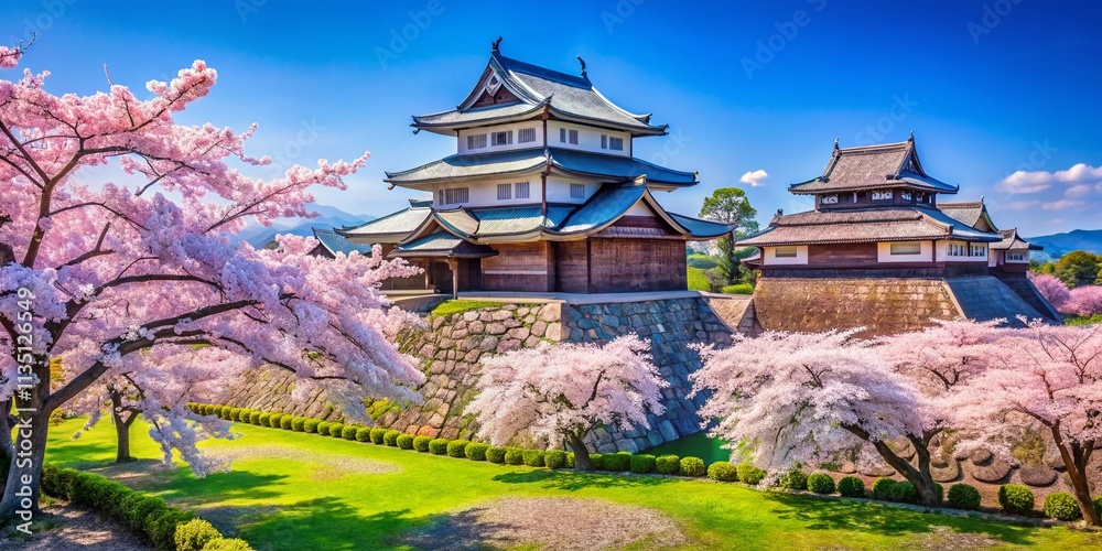 Obraz premium Scenic View of Kanazawa Castle Surrounded by Lush Gardens and Cherry Blossoms in Spring, Capturing the Beauty of Japanese Architecture and Nature in Perfect Harmony