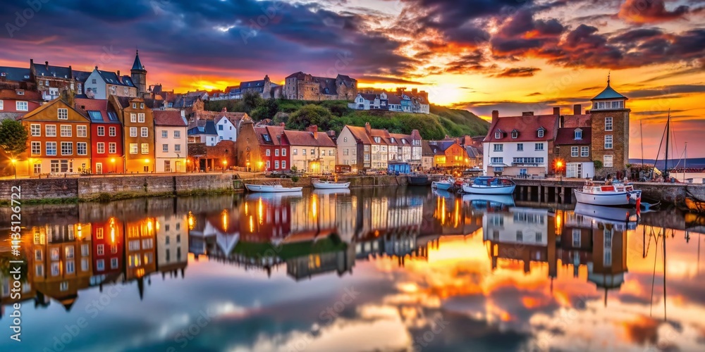 Fototapeta premium Scenic Whitby Quayside at Dusk with Historic Buildings, Boats, and Reflections in the Water, Captured Using the Rule of Thirds for a Balanced Composition and Atmospheric Lighting