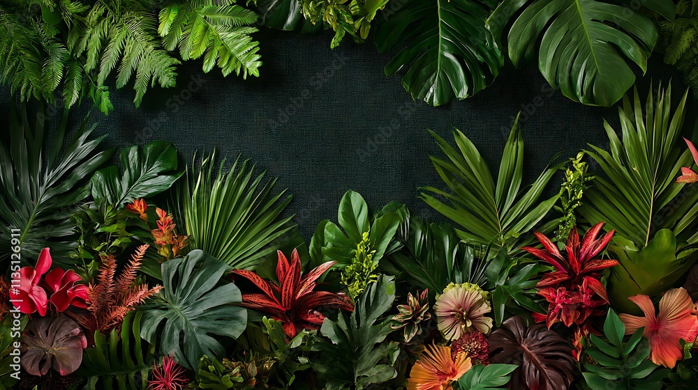 Lush tropical foliage border on dark background. Lush tropical foliage border on dark background.
