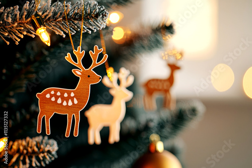 Cozy christmas decorations featuring wooden reindeer winter wonderland indoor close-up view celebrating new year spirit photo