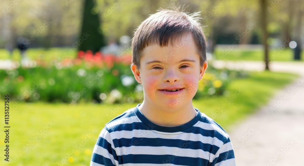 Joyful young boy with down syndrome enjoying a sunny day in the park Joyful young boy with down syndrome enjoying a sunny day in the park