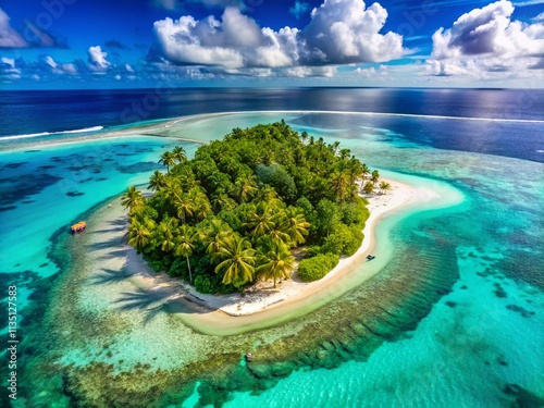 Serene Aerial View of a Cute Tropical Island Surrounded by Crystal Clear Waters and Lush Greenery, Perfect for Travel Inspiration and Relaxation Imagery
