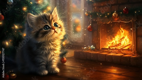 A fluffy cat looking curiously at a sparkling Christmas tree near a glowing chimney fire