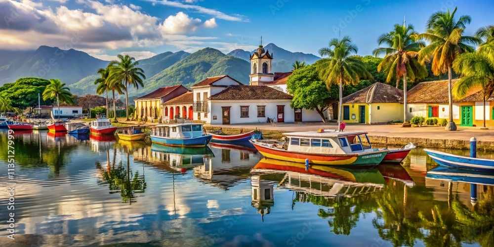 Obraz premium Serene Architectural Photography of Tourist Boats Anchored in the Historic Harbor of Paraty, Rio de Janeiro, Surrounded by Colonial Buildings and Lush Greenery