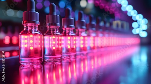 Essential oils for skin are beautifully displayed in a row of glass bottles, exuding a calming glow with vibrant pink and blue lights, evoking serenity.