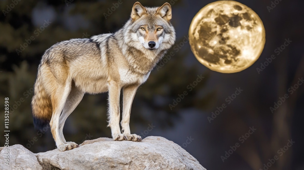 Naklejka premium A wolf stands on a rock under a large, glowing moon in a serene night setting.