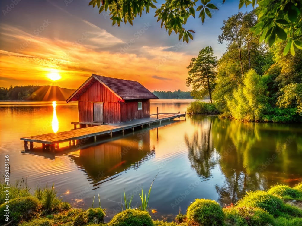 Obraz premium Serene Boathouse on a Tranquil Lake Surrounded by Lush Greenery at Sunset with Reflections on Water and a Clear Sky, Perfectly Framed using the Rule of Thirds