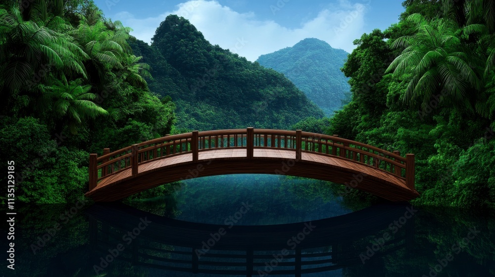 Serene Tropical Landscape Featuring a Wooden Bridge Over Calm Water Surrounded by Lush Green Mountains and Dense Tropical Foliage Under a Clear Blue Sky Serene Tropical Landscape Featuring a Wooden Bridge Over Calm Water Surrounded by Lush Green Mountains and Dense Tropical Foliage Under a Clear Blue Sky