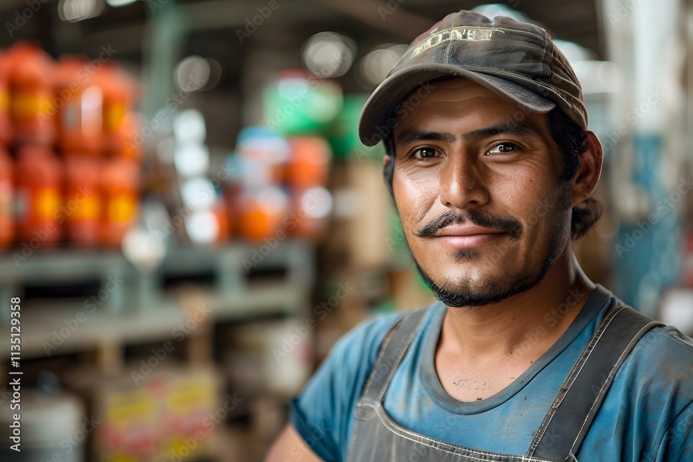 Portrait of a Smiling Worker in a Busy Warehouse Setting Portrait of a Smiling Worker in a Busy Warehouse Setting