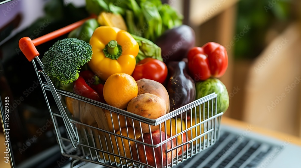 Online grocery shopping cart filled with fresh fruits and vegetables.