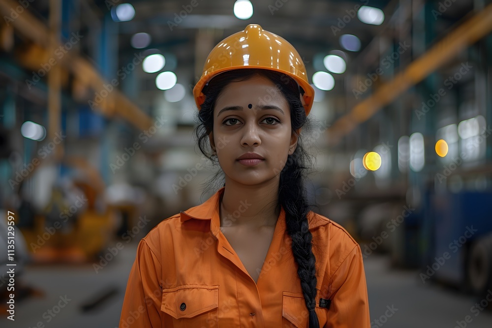 Confident Female Worker in Safety Gear at Industrial Site Confident Female Worker in Safety Gear at Industrial Site