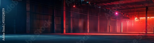 Industrial Warehouse with Colorful Hanging Lights. AI generated illustration