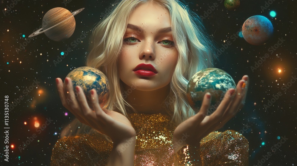 Naklejka premium A surreal scene of a woman holding two planets, with other celestial bodies floating around her in space. The scene represents cosmic mystery, imagination, and the beauty of the universe.. AI