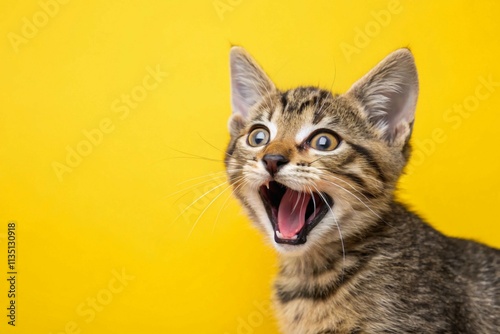 Funny little tabby cat photography looking shocked with mouth open. Portrait of cute kitten on yellow background with copy space
