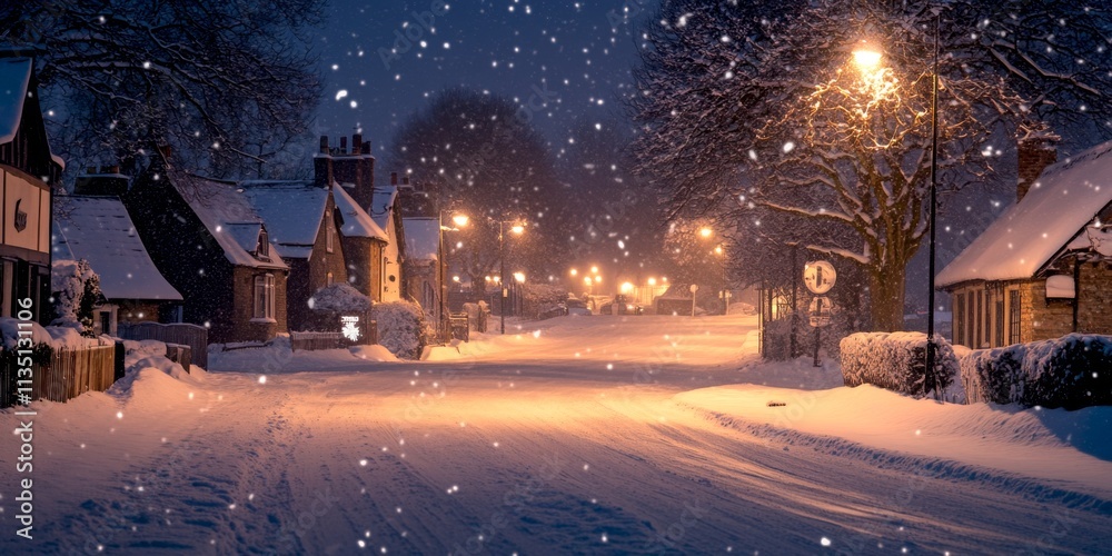 A serene winter evening captures a snowy street illuminated by warm streetlights. Cozy houses line the road, creating a peaceful atmosphere in the falling snow. Perfect for seasonal themes. AI A serene winter evening captures a snowy street illuminated by warm streetlights. Cozy houses line the road, creating a peaceful atmosphere in the falling snow. Perfect for seasonal themes. AI