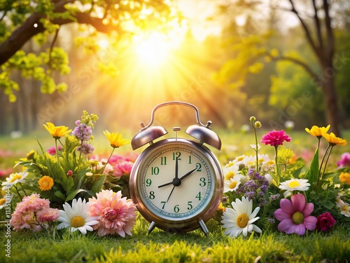 Serene Floral Landscape Illustrating Daylight Saving Time with a Clock Moved Forward One Hour, Capturing the Essence of Nature and Time Change in a Tranquil Setting photo