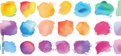 A vibrant set of watercolor circles in bold, multicolored splashes, creating a dynamic and expressive design on a clean white background. Perfect for art, digital projects, or decorative use.