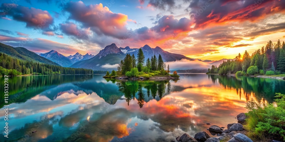 Fototapeta premium Serene Lake and Majestic Mountain Landscape with a Tranquil Island View, Perfect for Nature Lovers and Travel Enthusiasts Seeking Scenic Beauty in Stunning Portrait Photography