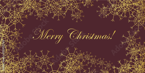 Merry Christmas background with showflakes frame. Golden elements on violette background.