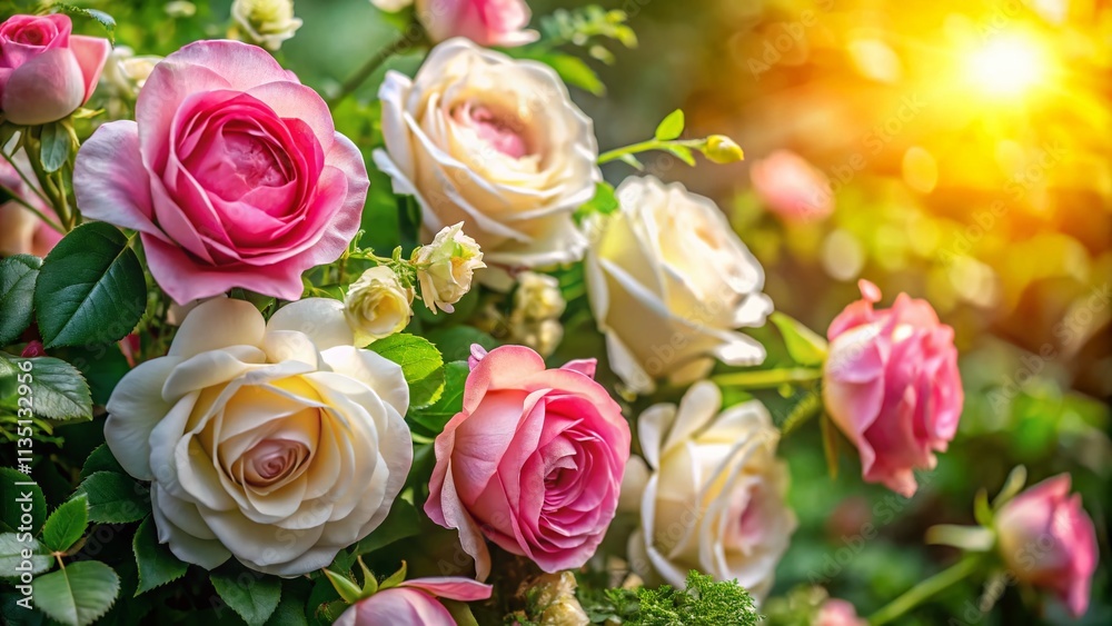 Serene Landscape Featuring Delicate Pink and White Artificial Roses Surrounded by Lush Greenery and Soft Natural Light for a Tranquil Atmosphere