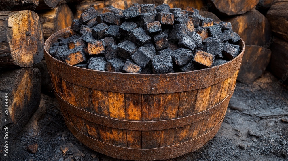 A wooden barrel filled with chunks of coal, showcasing its industrial use and texture. A wooden barrel filled with chunks of coal, showcasing its industrial use and texture.