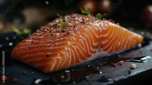 Delicious Michelin starred salmon dinner meal at fine dining restaurant, masterpiece of culinary, food photography. photo