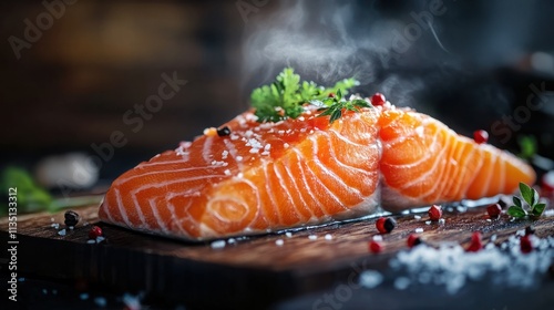 Delicious Michelin starred salmon dinner meal at fine dining restaurant, masterpiece of culinary, food photography. photo