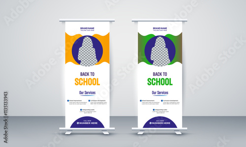 professional Back to School Admission Roll up banner design with yellow and Green