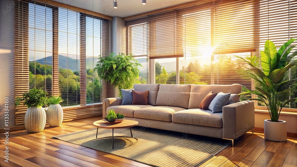 Fototapeta premium Serene Living Space with a Cozy Sofa by a Large Window, Perfect for Relaxation and Enjoying Natural Light in a Minimalist Room with Blinds and Soft Decor Elements