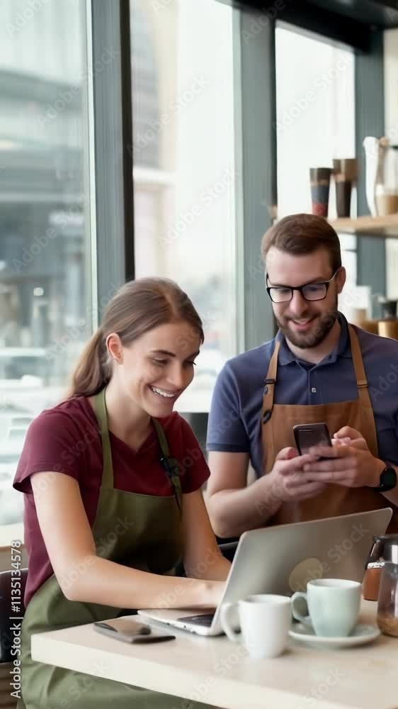 Two partners working on orders in a cafeteria. Two partners working on orders in a cafeteria.