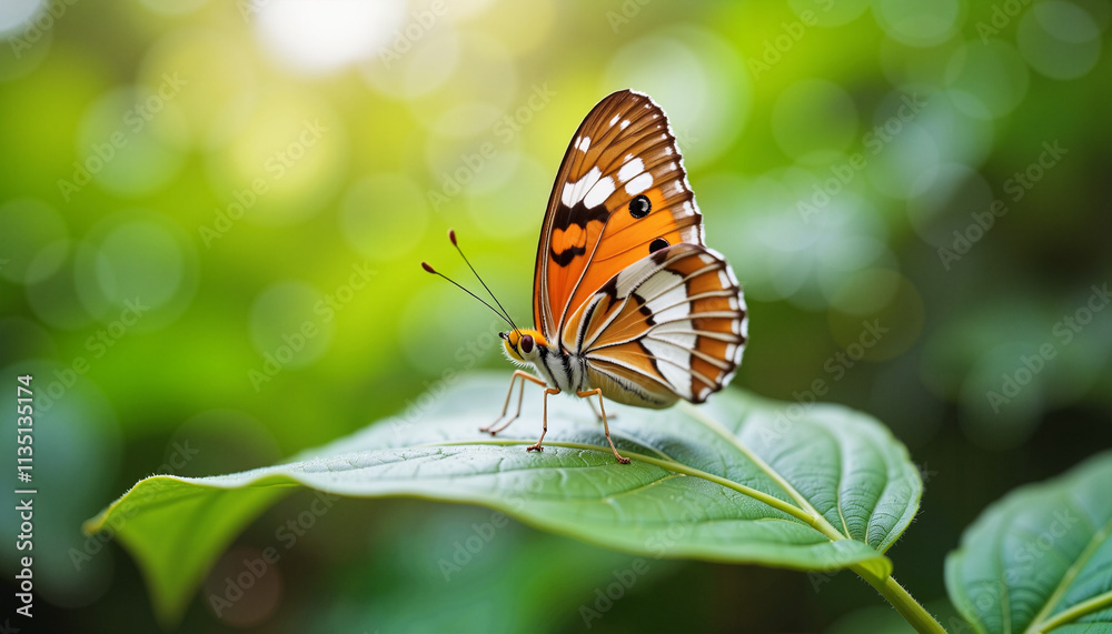 Vibrant butterfly resting on a lush green leaf amidst a tranquil garden setting in the warm afternoon sun Vibrant butterfly resting on a lush green leaf amidst a tranquil garden setting in the warm afternoon sun