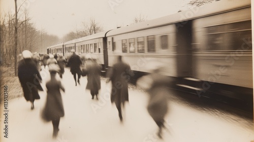 A sepia-toned image depicting a busy train station in the 1950s with people rushing to catch trains.
