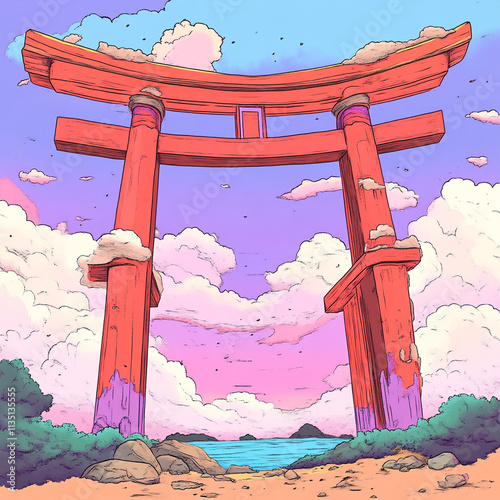 Torii Gate Shintoism anime concept full color illustration photo