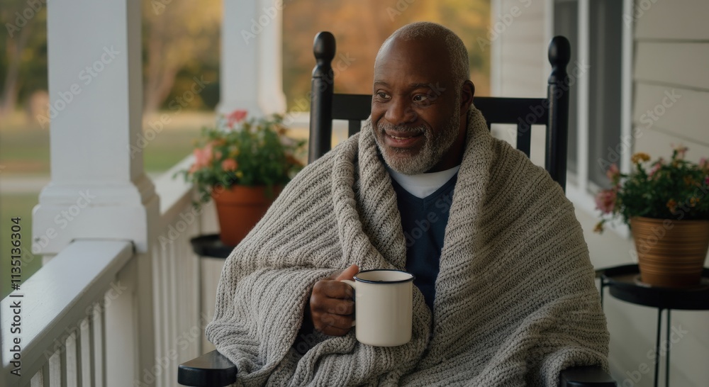 Fototapeta premium Relaxed elderly african male enjoying tea on cozy porch with autumn foliage in background for tranquil morning vibes