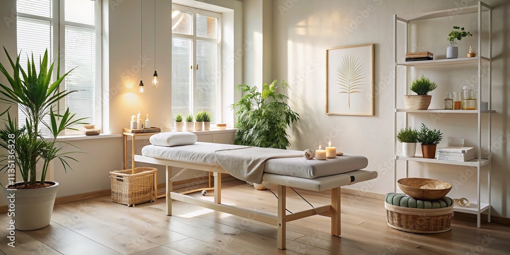 Serene Minimalist Physiotherapeutic Massage Setting with Soft Natural Light and Simple Decor, Focusing on Relaxation and Wellness in a Calming Atmosphere Serene Minimalist Physiotherapeutic Massage Setting with Soft Natural Light and Simple Decor, Focusing on Relaxation and Wellness in a Calming Atmosphere