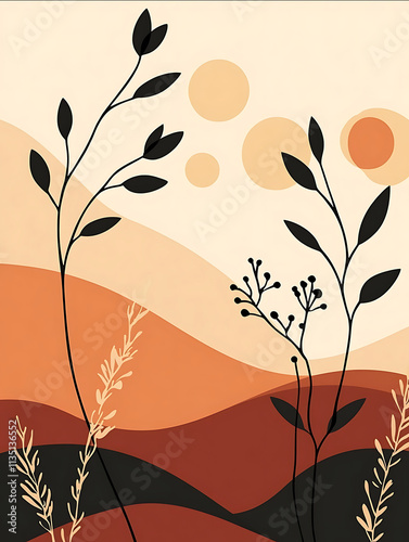 A tranquil abstract botanical design with black plant silhouettes in front of warm desert tones including soft terracotta burnt orange and creamcolored circles Simp photo