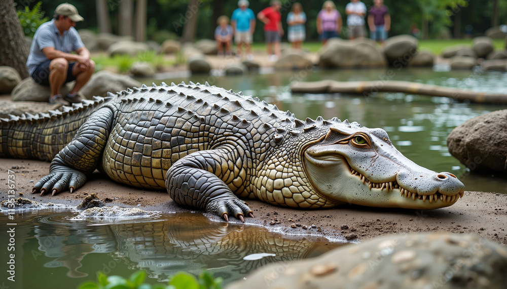 Majestic crocodile basking in the sun as onlookers admire its grandeur by the tranquil waters of a serene park Majestic crocodile basking in the sun as onlookers admire its grandeur by the tranquil waters of a serene park