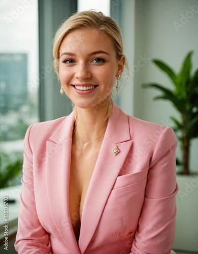 Beautiful businesswoman with a big cleavage in pink business suit in the office