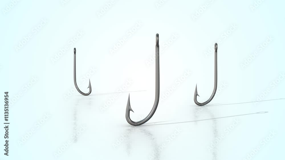 Fishing Hooks on a Light Reflective Floor. Metal Fishhooks 3D Animation. 4K Fishing Hooks on a Light Reflective Floor. Metal Fishhooks 3D Animation. 4K